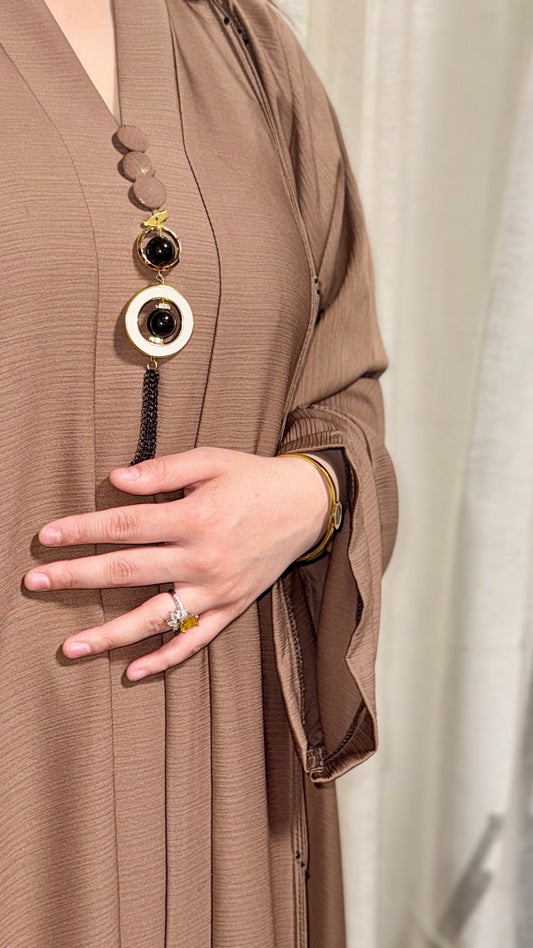 Elegant coral abaya with tassel detail (V-neck)