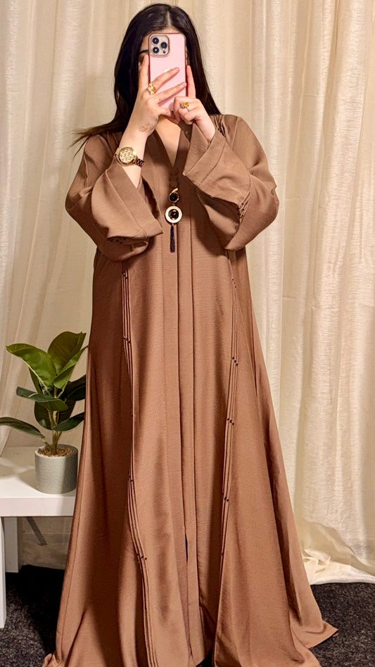 Elegant coral abaya with tassel detail (V-neck)
