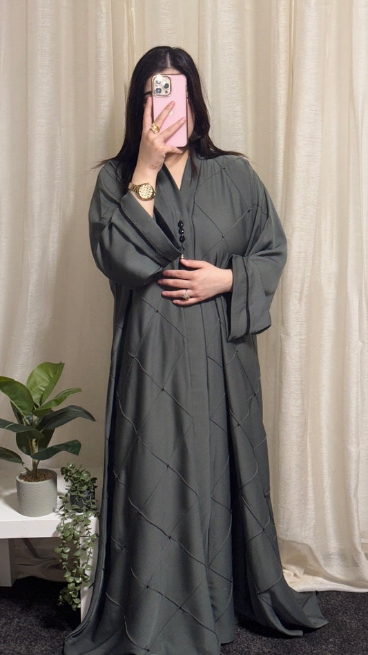 Open Abaya with Button Closure & Laced Sleeves