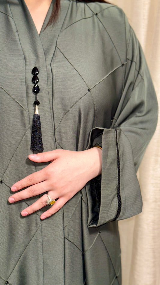 Open Abaya with Button Closure & Laced Sleeves