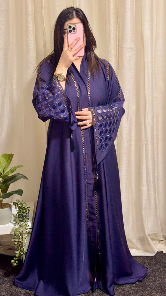 Abaya with Flared Net Sleeves and Black Pearl Detailing (V-neck)