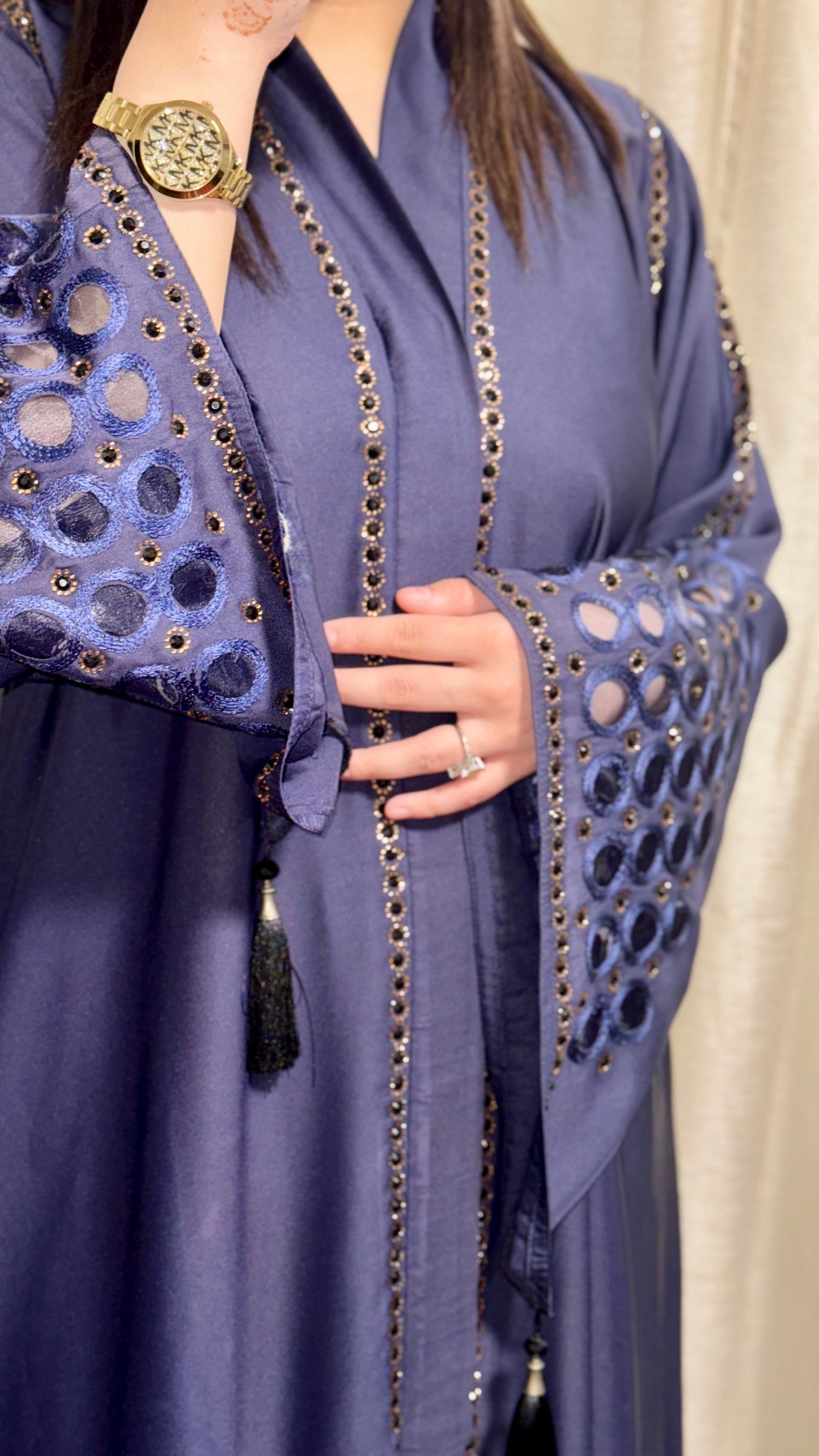 Abaya with Flared Net Sleeves and Black Pearl Detailing (V-neck)