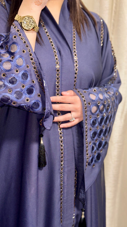 Abaya with Flared Net Sleeves and Black Pearl Detailing (V-neck)