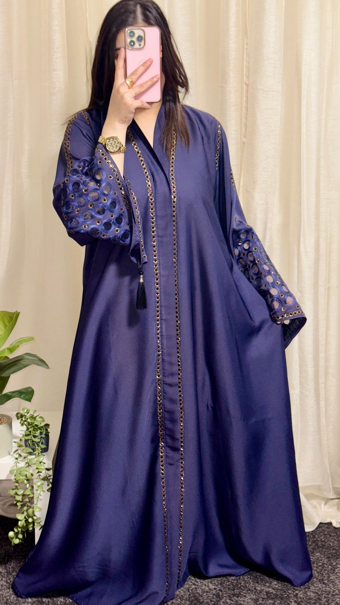 Abaya with Flared Net Sleeves and Black Pearl Detailing (V-neck)